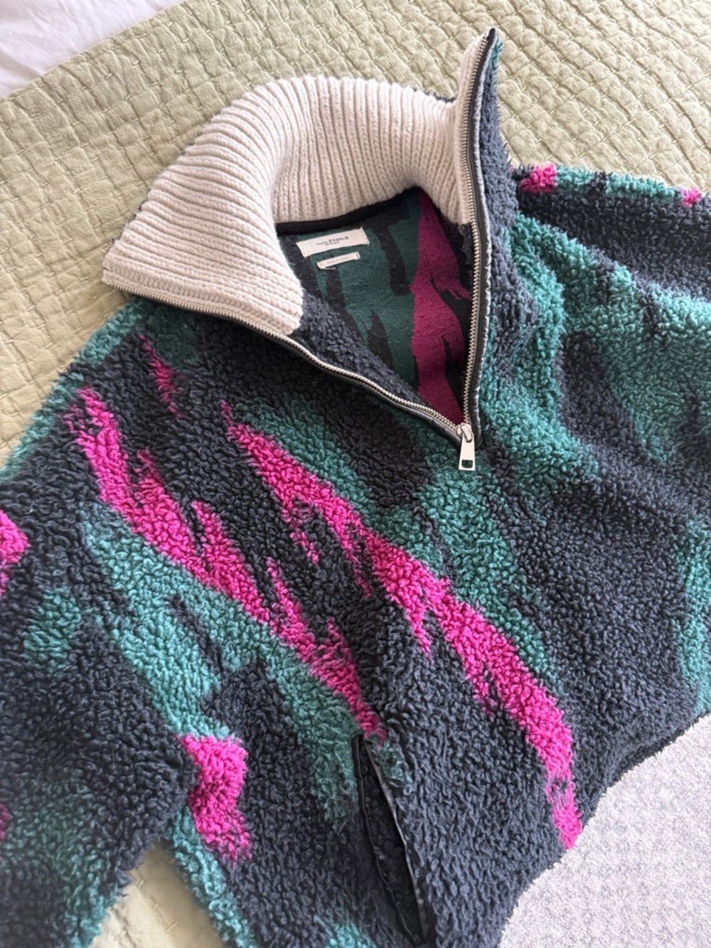 Isabel Marant Sherpa Half-Zip Pullover in Charcoal, Teal & Magenta